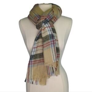 Beige Plaid Scarf Soft Cozy 80" x 26" Warm Winter Fringe Tartan Khaki
